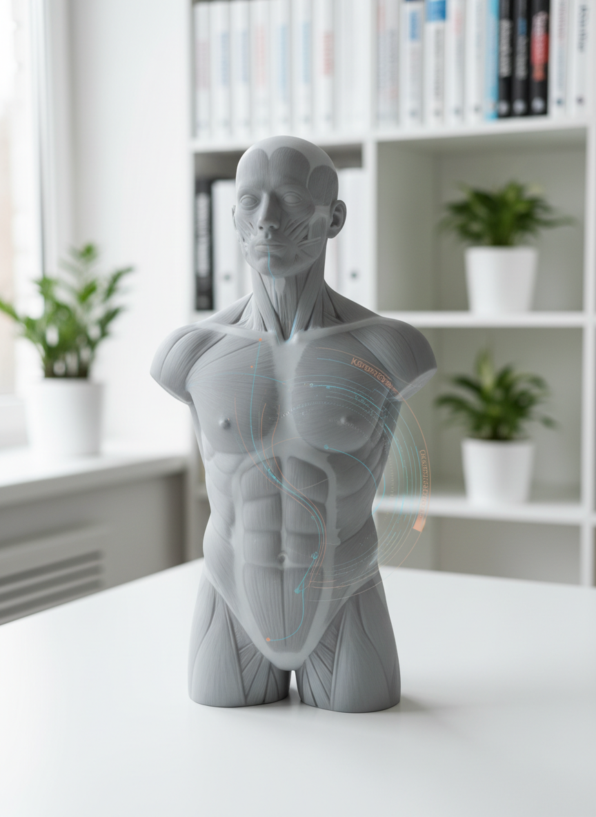 A detailed close-up of a neutral gray anatomical torso model made of matte silicone-like material, standing on a smooth white table in a bright coaching studio in München Feldmoching. Subtle, semi-transparent overlays of abstract light-blue and soft-orange energy pathways wrap around the torso, suggesting Körper-Signale and messbare Energie rather than fantasy. In the blurred background, minimalist shelves hold science books with indistinct titles and neatly arranged plants in white ceramic pots. Diffused daylight from a side window creates soft, even lighting and gentle shadows. Photographic realism at a slightly elevated angle emphasizes the model’s texture and the precise, science-based mood, underlining the professional, research-driven character of the Körpertest without depicting any human figures.
