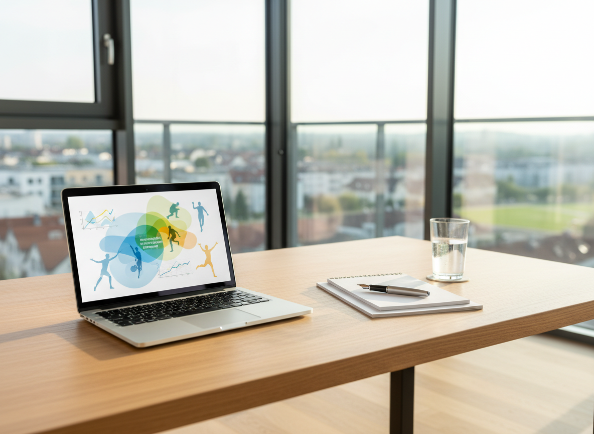 A meticulously arranged coaching workspace in a modern Munich Feldmoching loft, featuring a smooth light-wood desk with an open silver laptop displaying colorful but abstract graphs and body silhouettes, symbolizing a wissenschaftlich erforschter Körpertest. On the desk lie neatly stacked white notepads, a sleek steel pen, and a translucent glass of water. Large floor-to-ceiling windows reveal a soft-focus urban neighborhood with hints of green. Gentle morning daylight floods the room, creating clean highlights and minimal shadows. Shot at eye level with photographic realism and a shallow depth of field, the composition is calm, professional, and inviting, conveying clarity, structure, and positive Energie for successful coaching outcomes without showing any people or readable text.