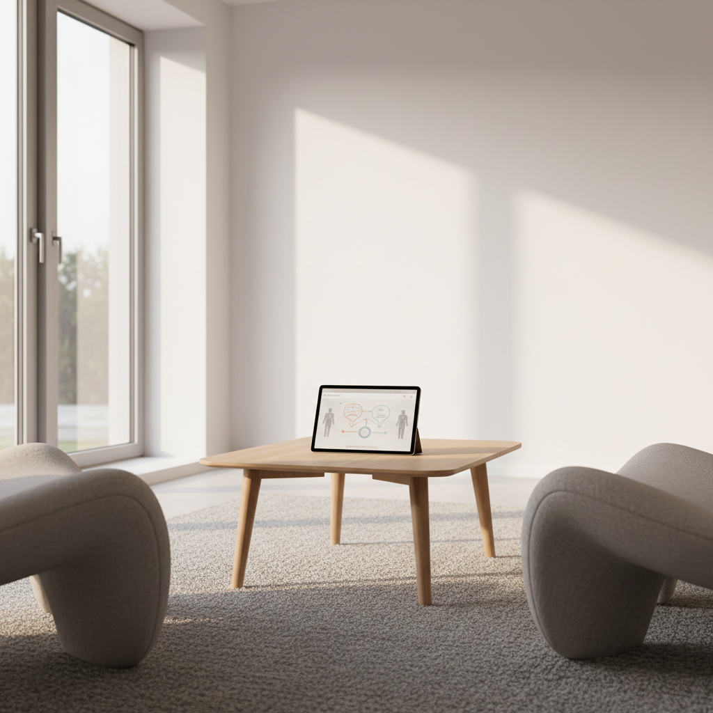 A wide, photographic view of a bright, modern coaching room prepared for an initial Energie-Coaching session, captured in Munich Feldmoching. A low, pale-wood table stands centered on a light gray rug, holding a digital tablet showing a blurred interface of diagrams and body outlines, symbolizing the Körpertest results. Around it are two ergonomically shaped, fabric-covered lounge chairs implied only as soft abstract forms, cropped to avoid any sense of occupancy. Large windows on the side let in soft afternoon light, casting calm, elongated shadows and warm reflections on white walls. The composition uses the rule of thirds and sharp focus, creating a clean, science-based yet welcoming atmosphere that communicates structure, overview of services, and readiness for booking without featuring any people or visible text.